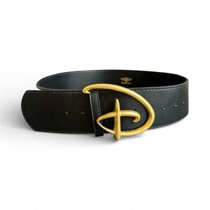 Disney Buckle Down Belt Wide Waist Statement Black Faux Leather Gold D Medium